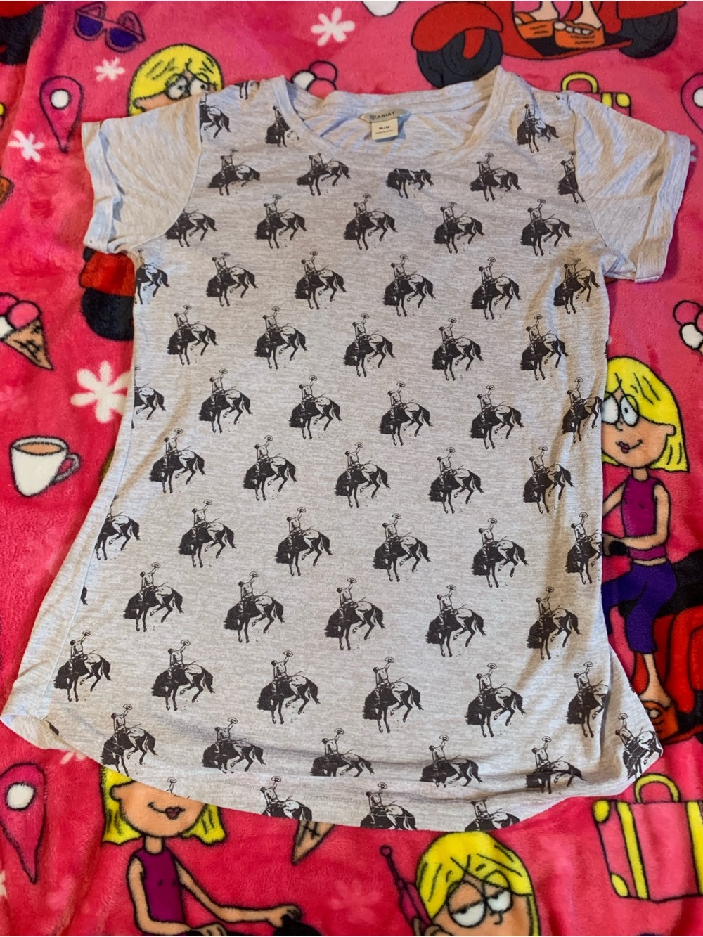Ariat Light Gray Brown Short Sleeve Tee with Bronco Rider Print